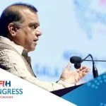 FIH President Dr Narinder Dhruv Batra addressing the guests at the FIH Honorary Awards ceremony in New Delhi. Credit: Hockey India
