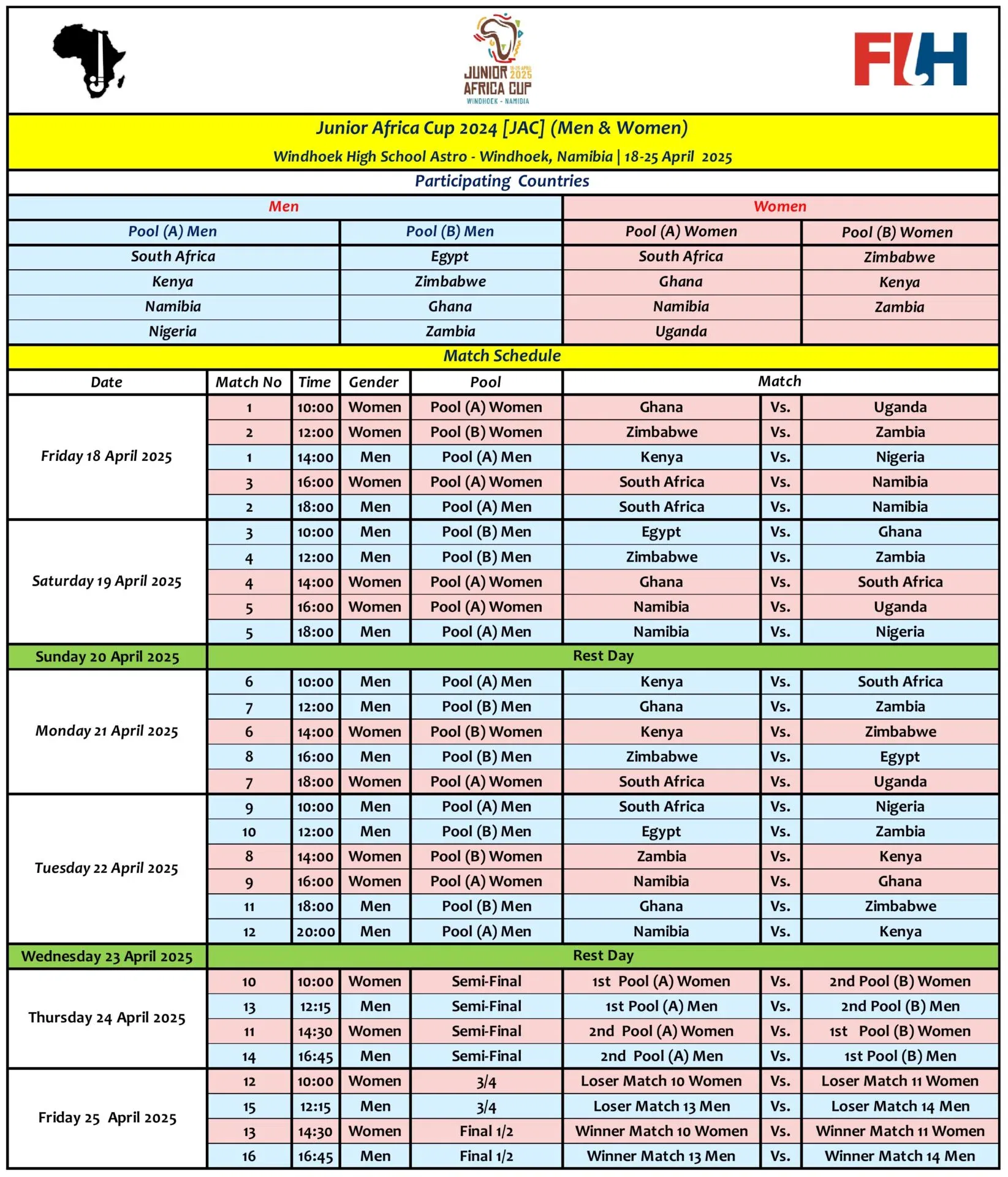 JAC 2024 M-W MATCH SCHEDULE 18-25 April 2025