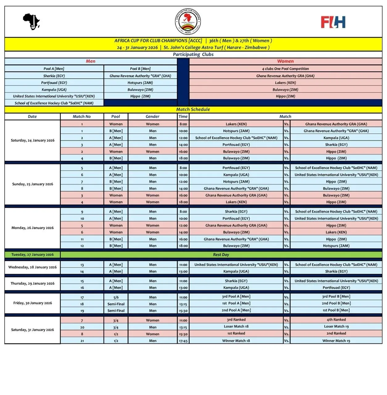 FIXTURES: 36th Men & 27th Women editions