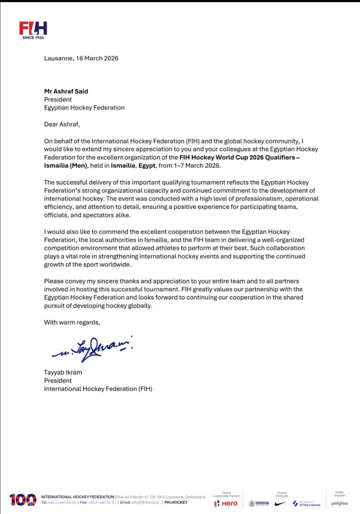 FIH President praises the organization of Egypt for the 2026 World Cup Qualifying Championship